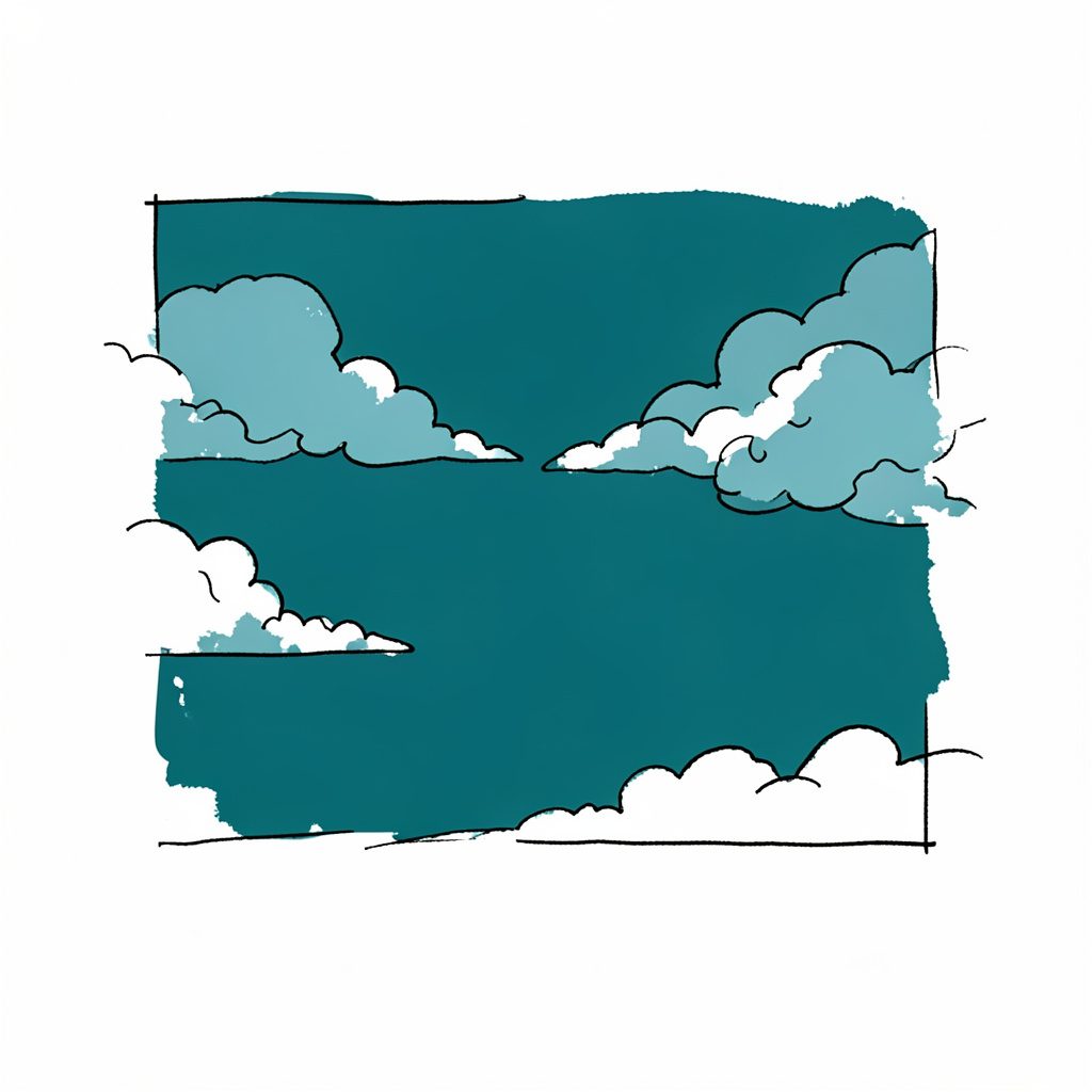 A hand-drawn ink illustration of a sky with soft cloud cover in muted teal and gray, conveying calm and possibility.